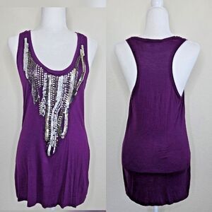 Hale Bob Purple Sequin Beaded Scoop Neck Tank Top Y2K Embellished Size Medium